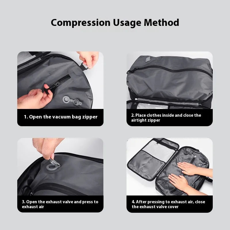 Elegant black vacuum compression backpack with Oxford cloth, USB port, and aircleaner straps for travel