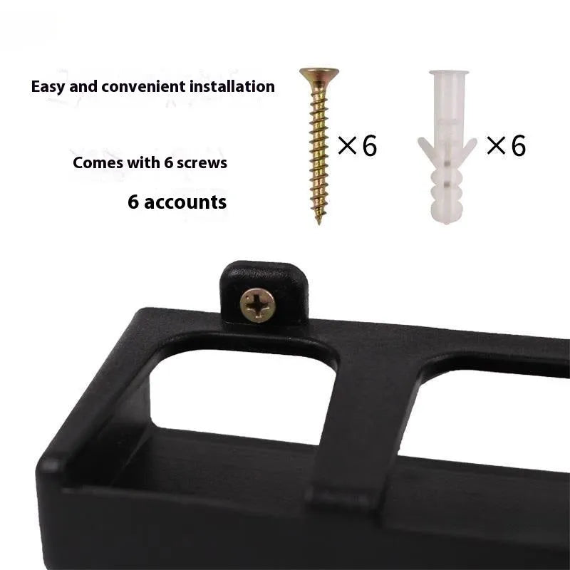 Black ABS plastic wall-mounted fishing rod holder in horizontal and upright display orientations