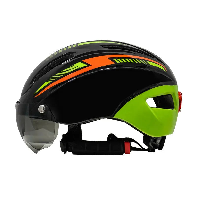 Adult cycling helmet with integrated red taillight on the back, shown in a blue, white, and black colour scheme.