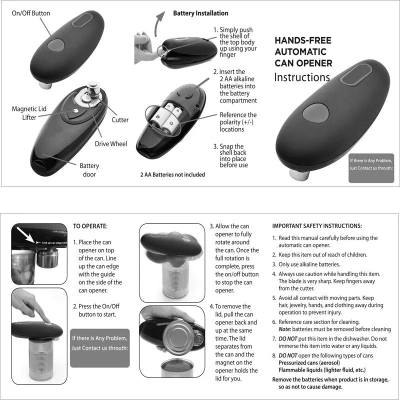 Black plastic electric can opener with battery compartment and cutting mechanism