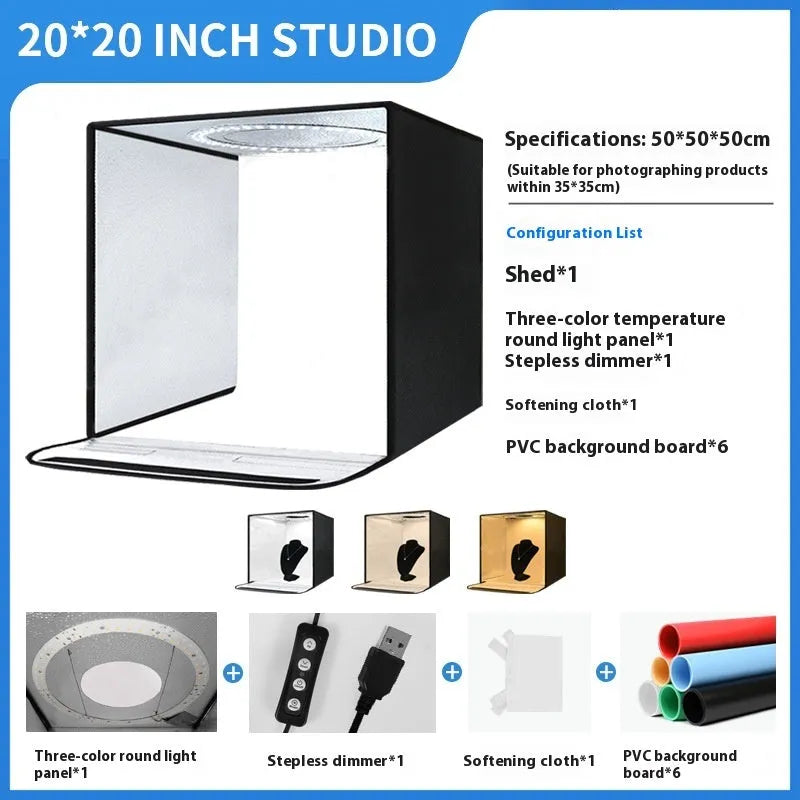 50cm metal frame photo light box with reflective cloth interior and LED lighting panel