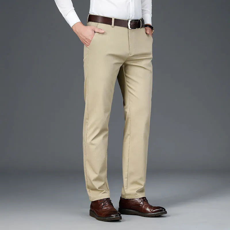 Men's high waist loose business casual trousers in khaki, straight leg, polyester, sizes 28-42