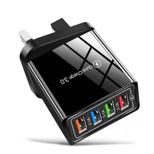 Four-port USB wall charger with UK three-pin plug in black and white colour scheme