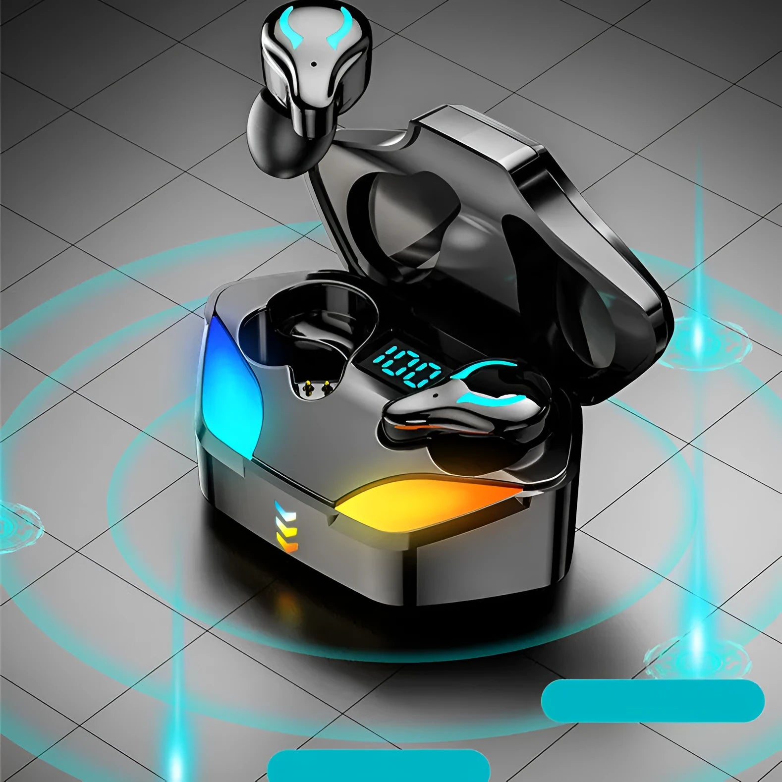 E-sports Bluetooth gaming headset with earplug design showing battery display and wireless connectivity