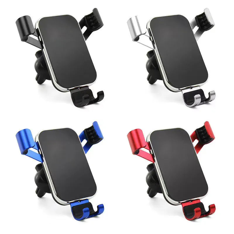 Aluminium alloy car phone holder with electroplated finish, shown in black, blue, red, or silver