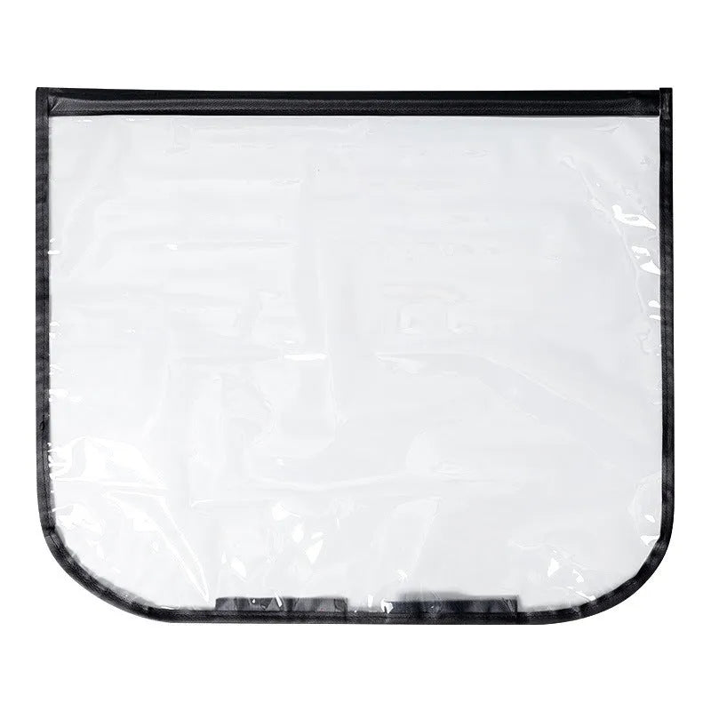 Black electric vehicle charging rain cover with magnetic strips unfolded to show 60cm x 50cm size