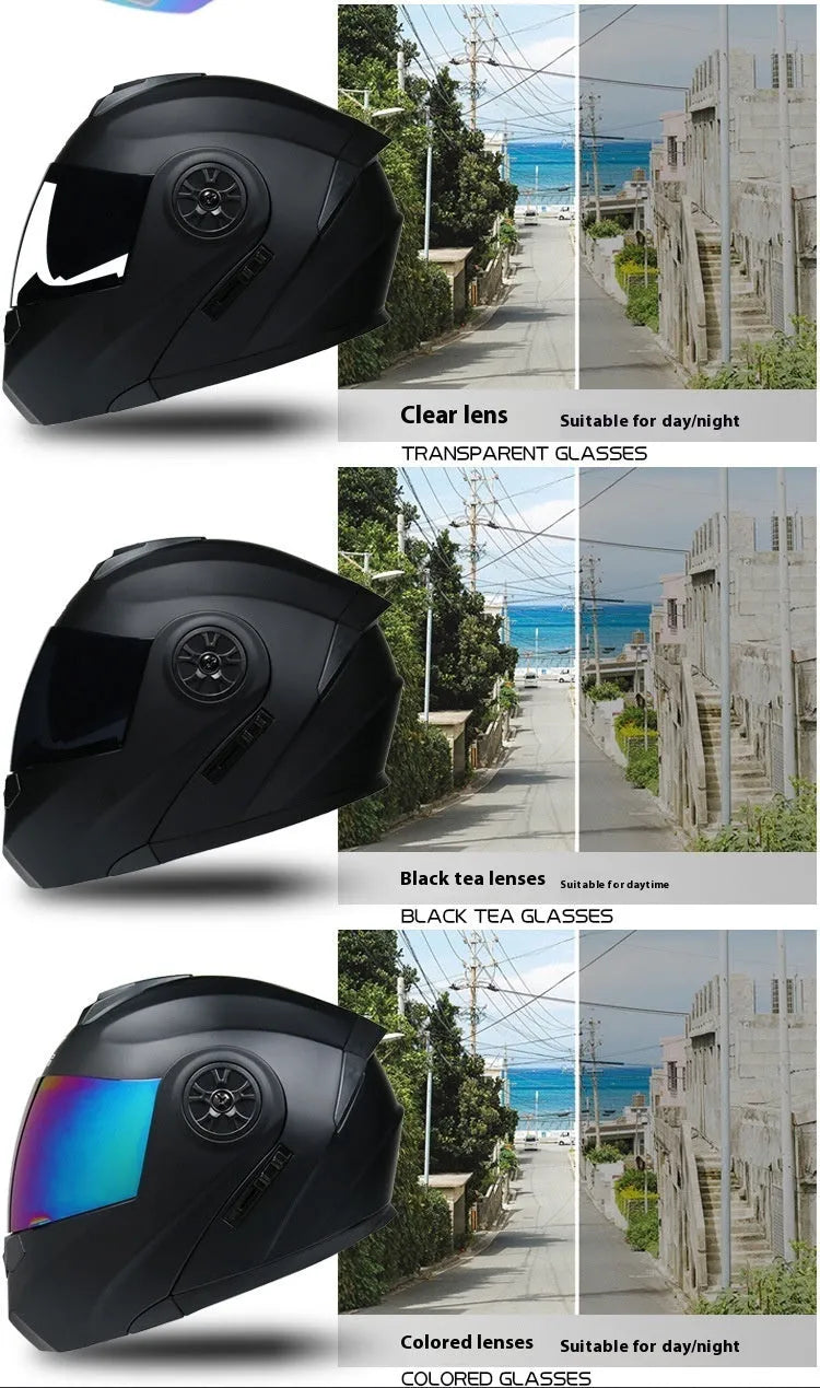 Matte black full face motorcycle helmet with integrated battery visor on a stand
