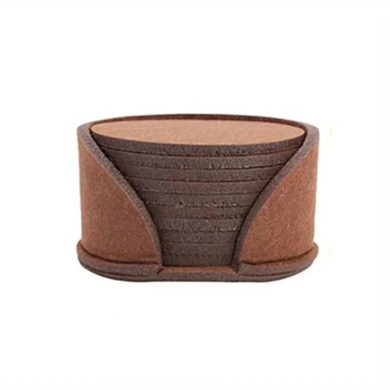 Round felt coaster set of 10 heat resistant drink mats in black, brown, dark gray, and light gray on a wooden table