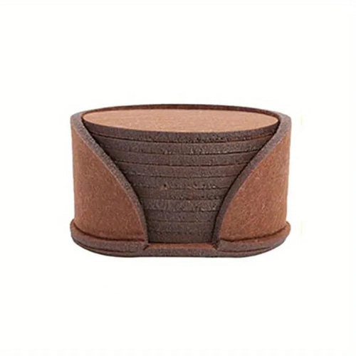 Round felt coaster set of 10 heat resistant drink mats in black, brown, dark gray, and light gray on a wooden table