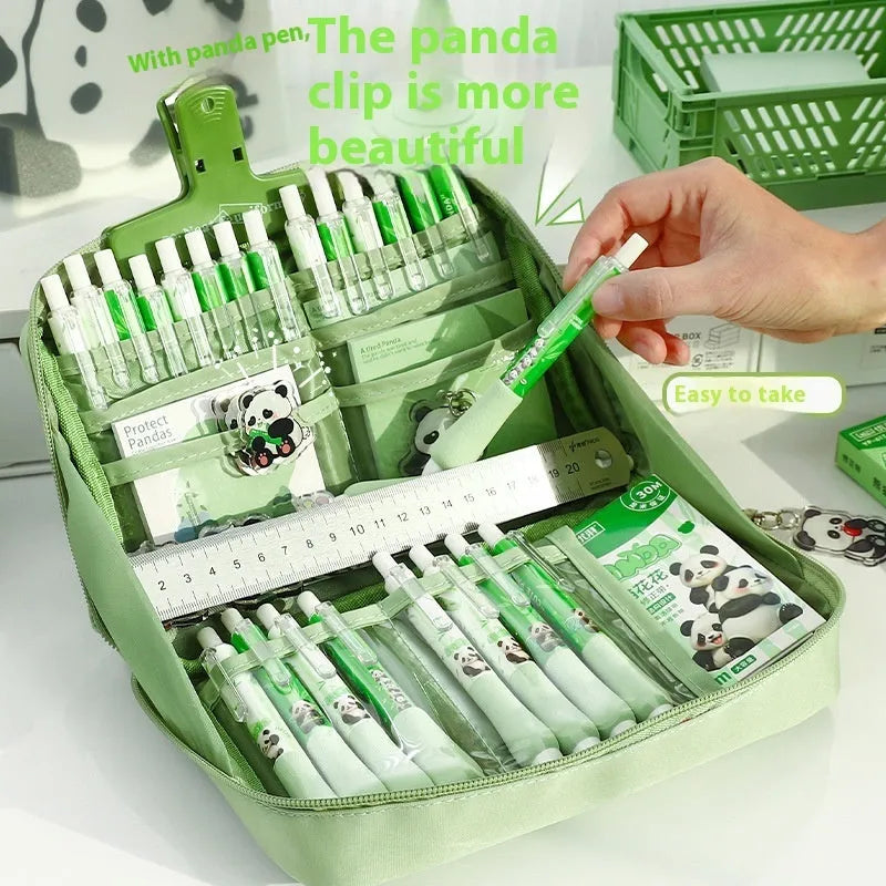 Green canvas pencil case with panda design showing 12-layer compartments open
