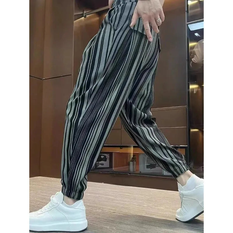 Men's striped casual trousers with ankle tie fastening in cropped ice silk design