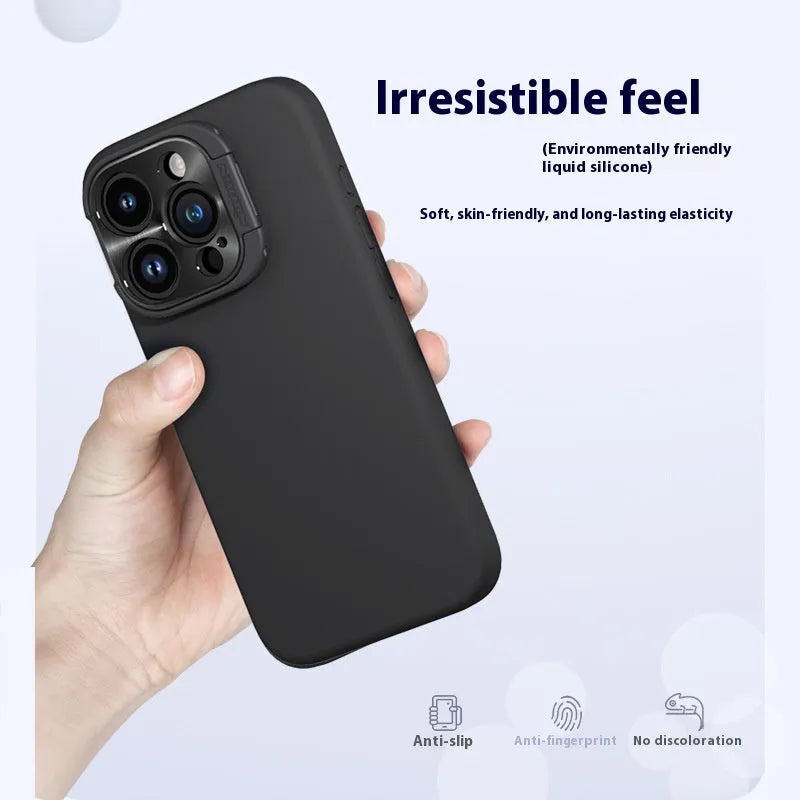 Magnetic liquid silicone phone case with invisible bracket in black, blue, green, or dark purple for iPhone models.