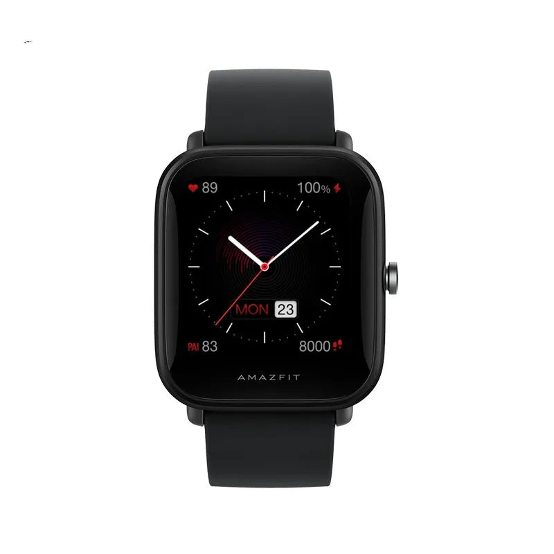 Smart watch with green silicone strap showing colour screen displaying health metrics
