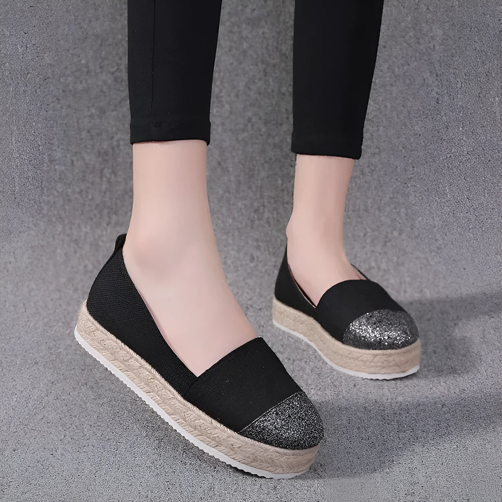 Plus size canvas oversleeve flat shoes in breathable cloth material showing round toe design