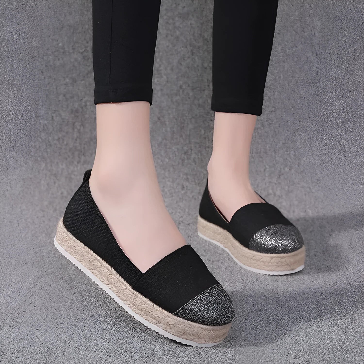 Plus size canvas oversleeve flat shoes in breathable cloth material showing round toe design