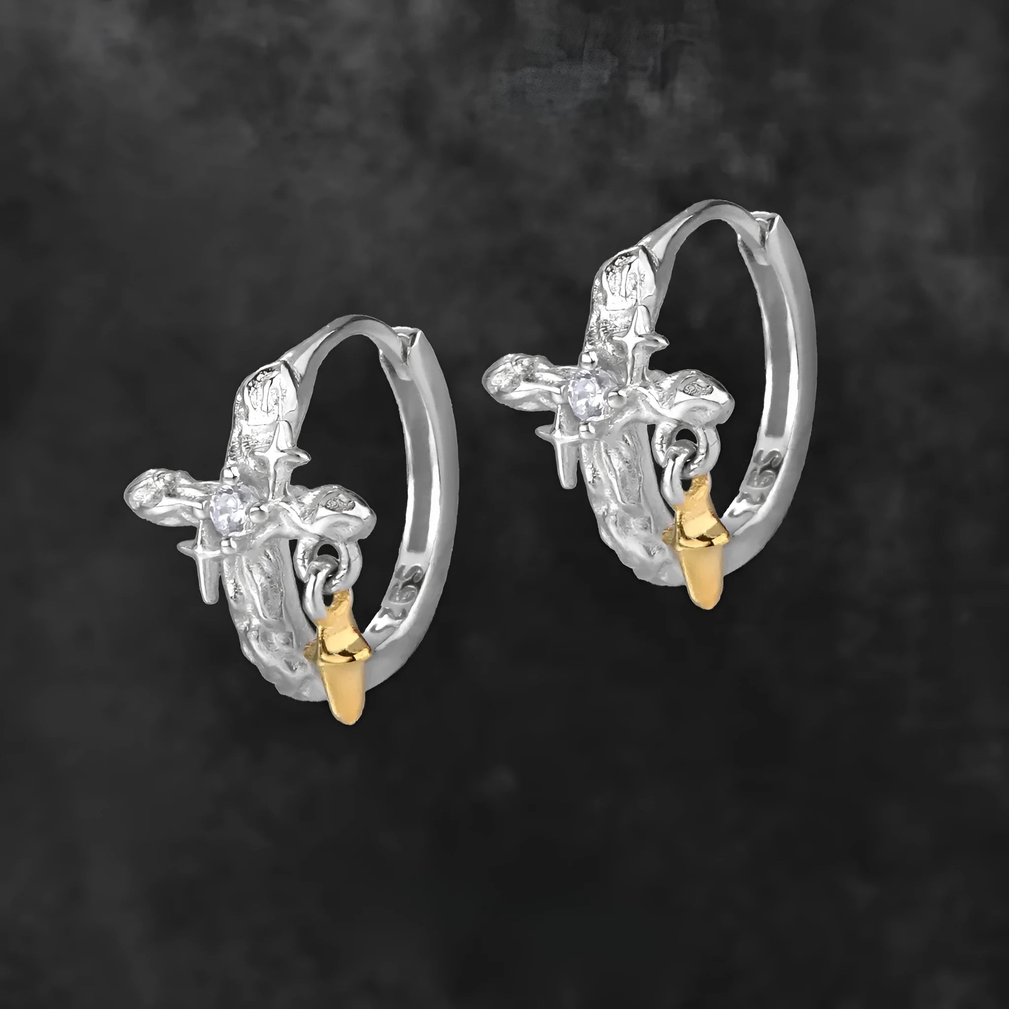 925 sterling silver geometric cross earrings with white gold plating and round elements