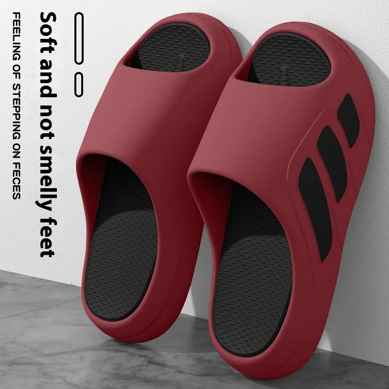 Brown and two-tone EVA platform slippers for indoor home use, shown in flip-flop style.