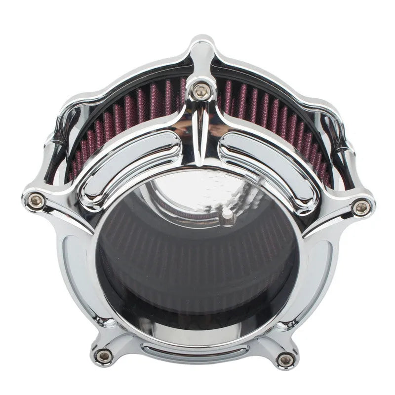 Aluminium air filter housing for car retrofit in various colour options including blue, red, and black.