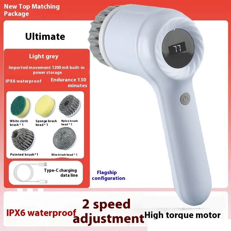 Light grey and purple USB rechargeable electric cleaning brushes with multiple scrub heads.