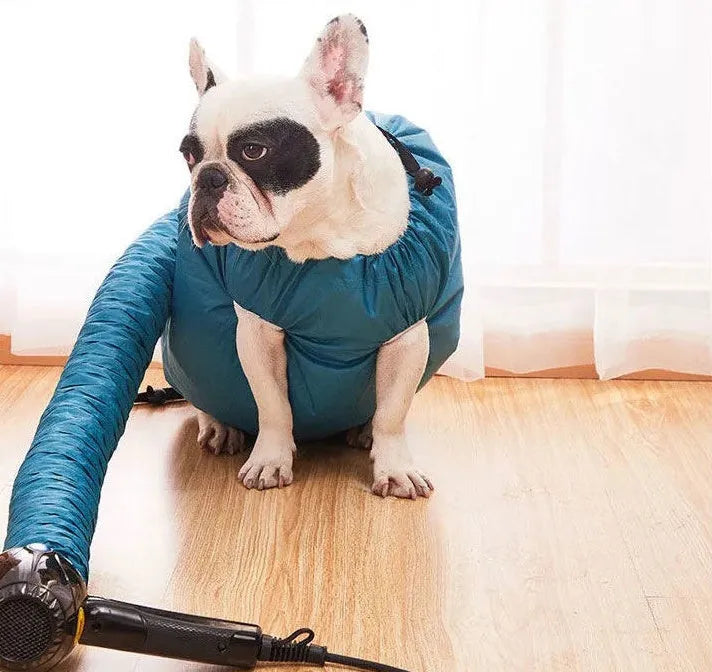Blue automatic dog drying bag with quick drying hair dryer function, Oxford cloth and silver-plated film, sizes S to XXL.
