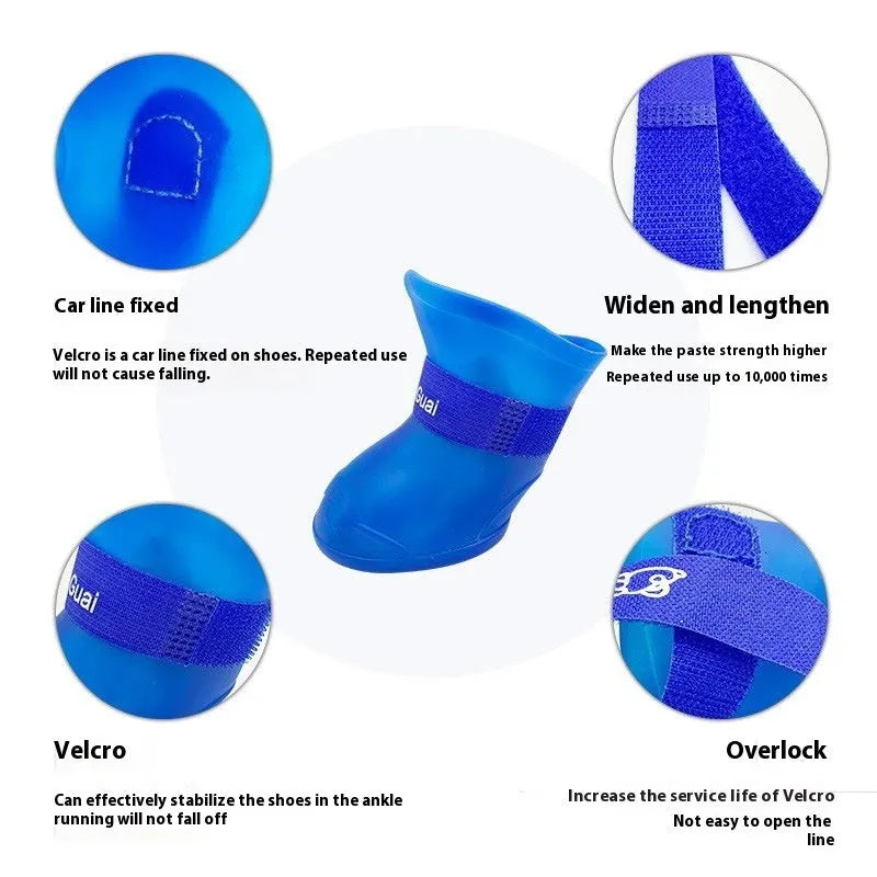 Four rubber pet rain shoes in various colours with anti-slip soles for dog paw protection