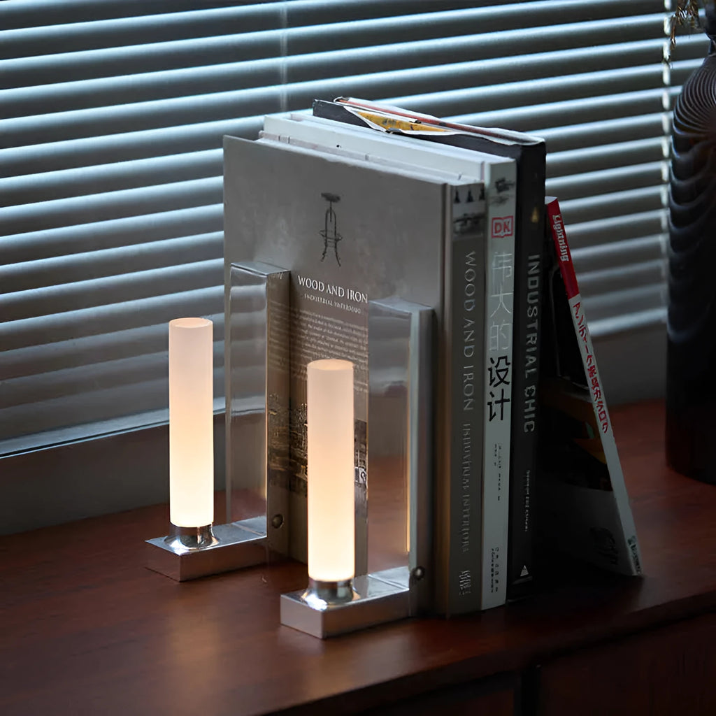 LED table lamp bookend in polished aluminium wood colour, 260mm tall, with acrylic and aluminium body and Type-C charging