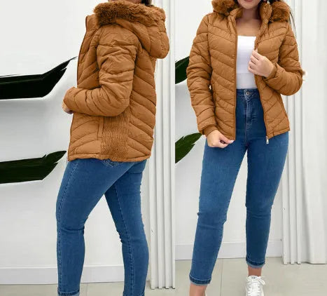 Cinched hoodie with fur collar short jacket in black polyester cotton, long sleeves, commuting style