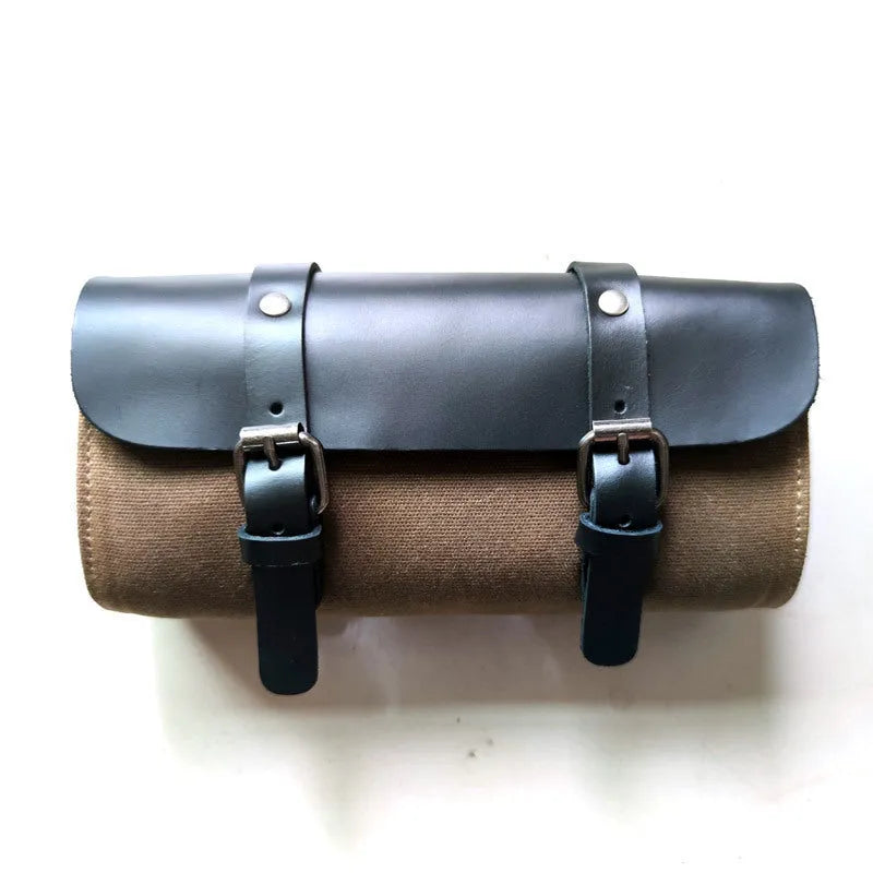 Retro cotton motorcycle messenger bag showing internal phone and document pockets.