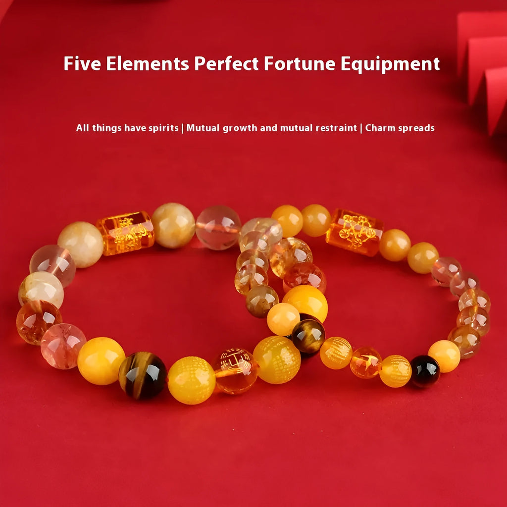 Natural crystal bracelet with five element colours in geometric round shapes