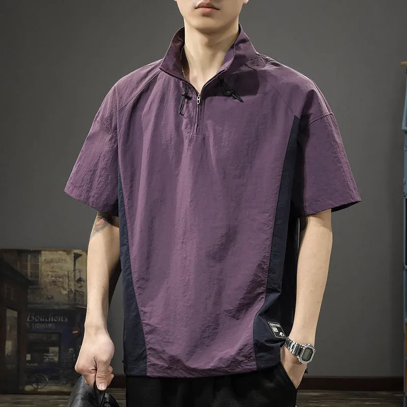 Brown men's Ice Silk half-zip shirt with stand collar and short sleeves laid flat