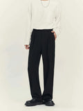 Black drape-effect loose straight-leg business casual trousers on a hanger.