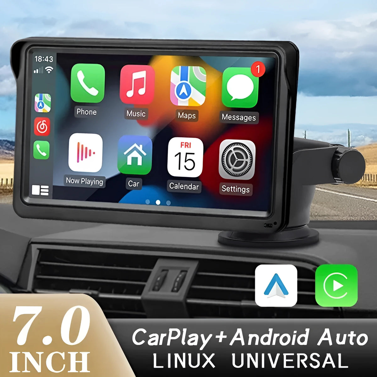 7-inch wireless CarPlay car display with HD screen mounted in vehicle dashboard
