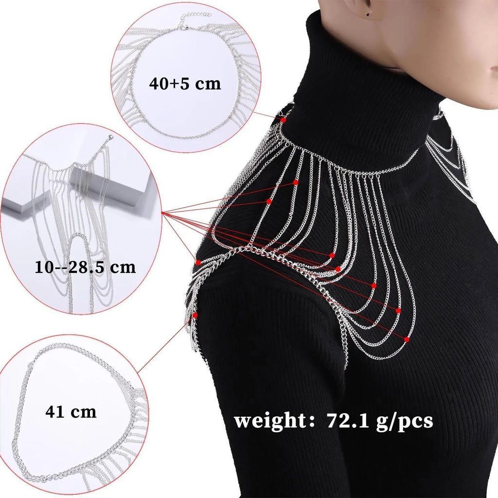 Fashion simple multi-layer body chain for women in gold electroplated alloy, styled as shoulder jewellery