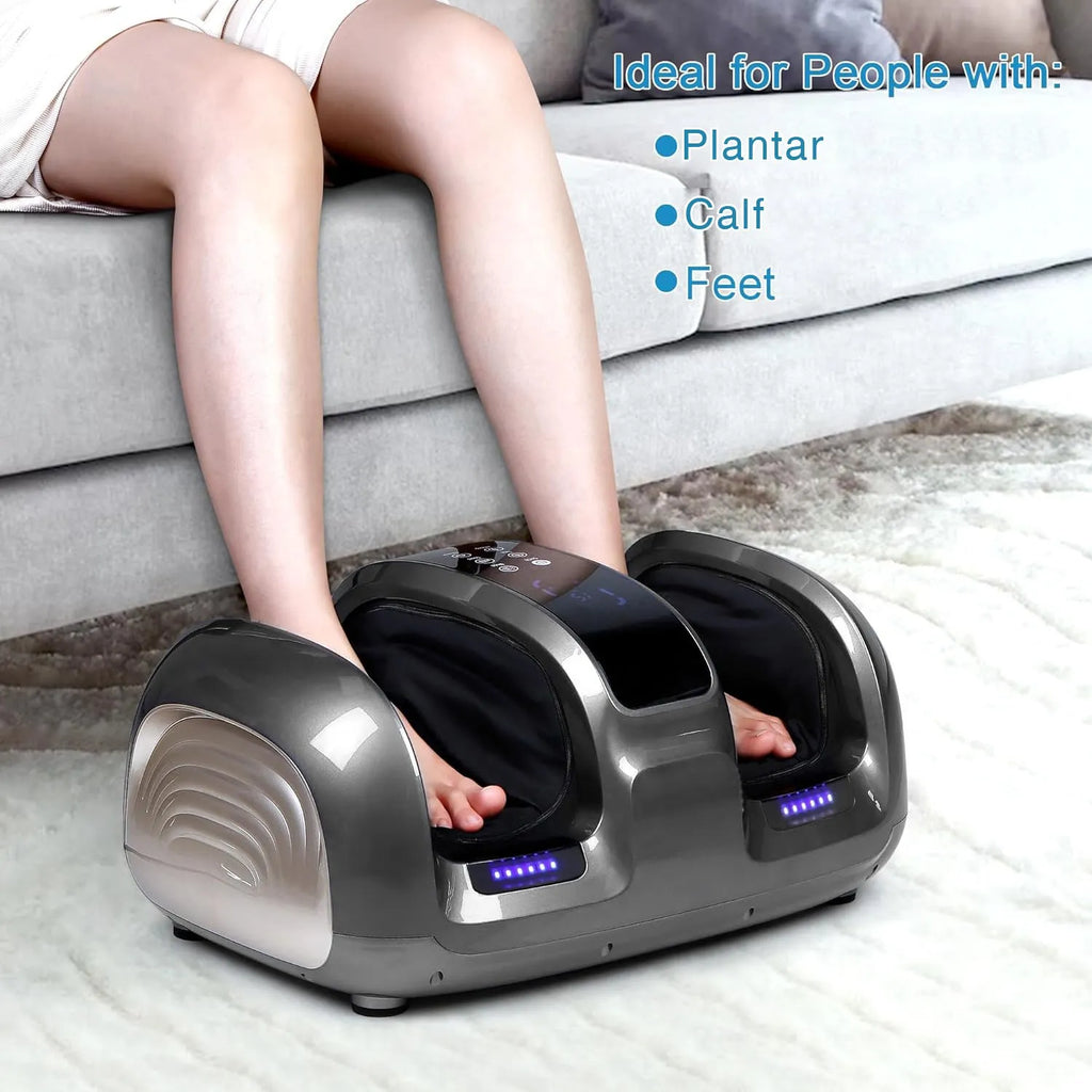 Black 3D foot and calf massager with heat, remote control, and removable washable cloth cover