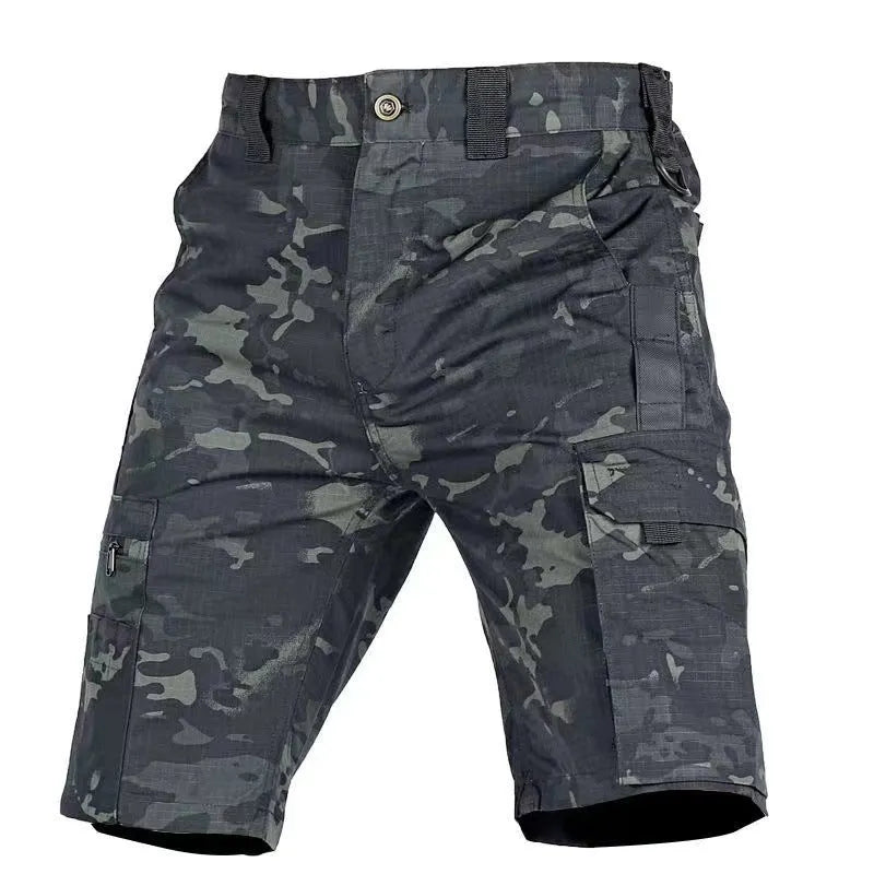 Adult elastic waist camouflage cargo shorts shown in multiple colour options including CP camo and dark night patterns