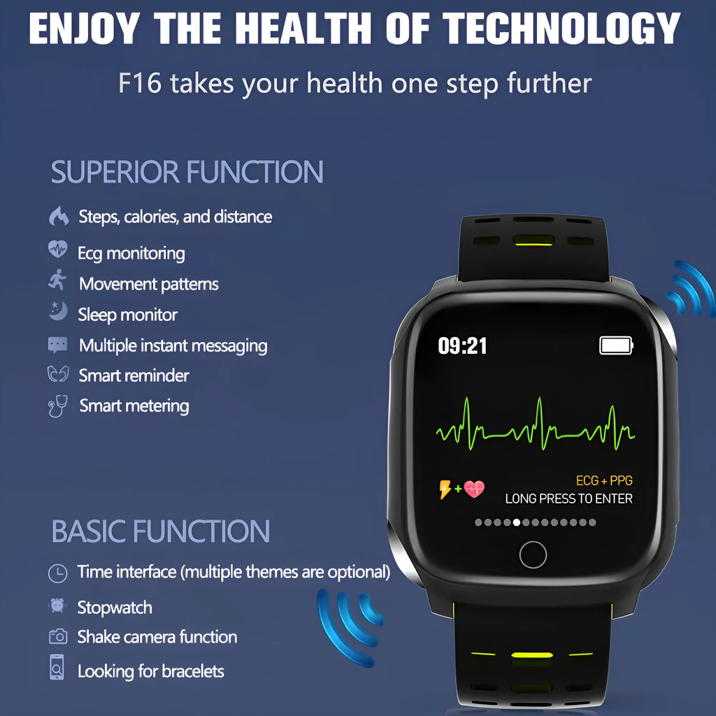F16 smart watch on wrist showing black colour option with IPS screen displaying heart rate data.