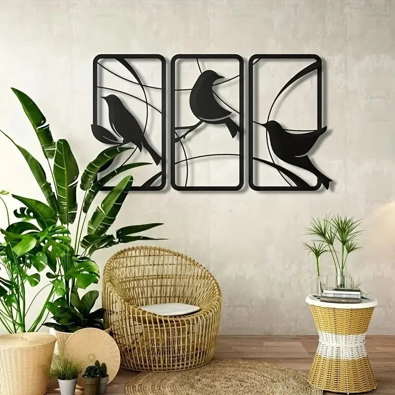 Sanzhiniao black wrought iron wall decoration three-piece set on a wall background