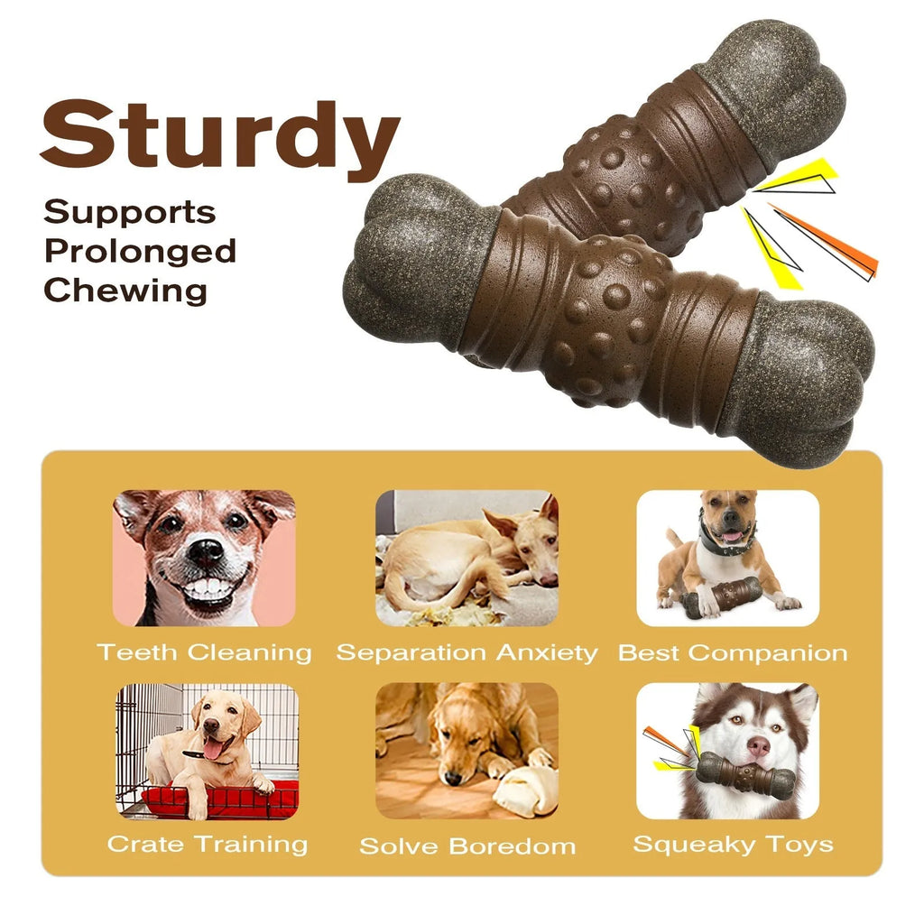 Wood-colour plastic sound-emitting dog molar chew toy measuring 20cm long