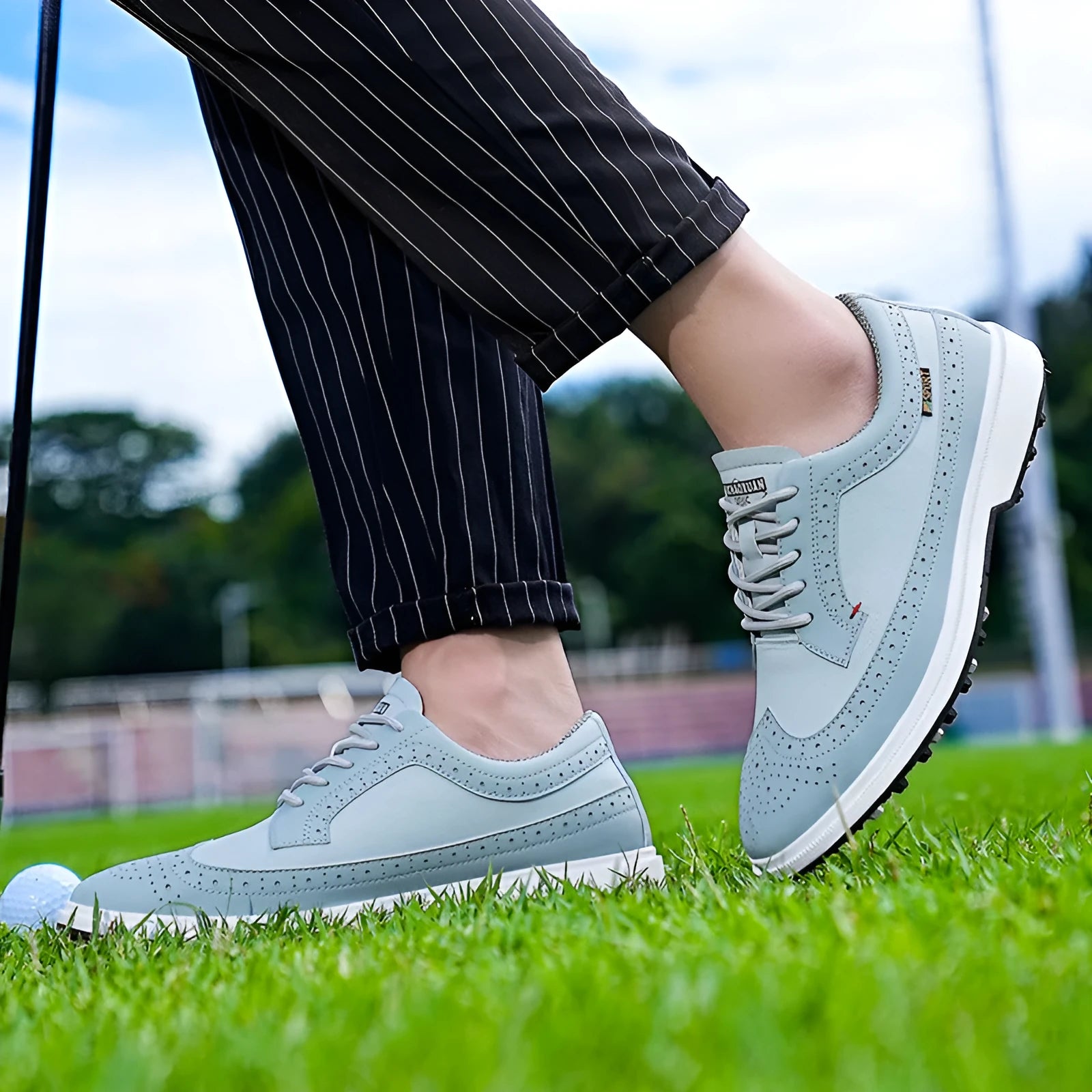 Men's genuine leather golf shoe with non-slip rubber sole in 8669 Lake Blue colour