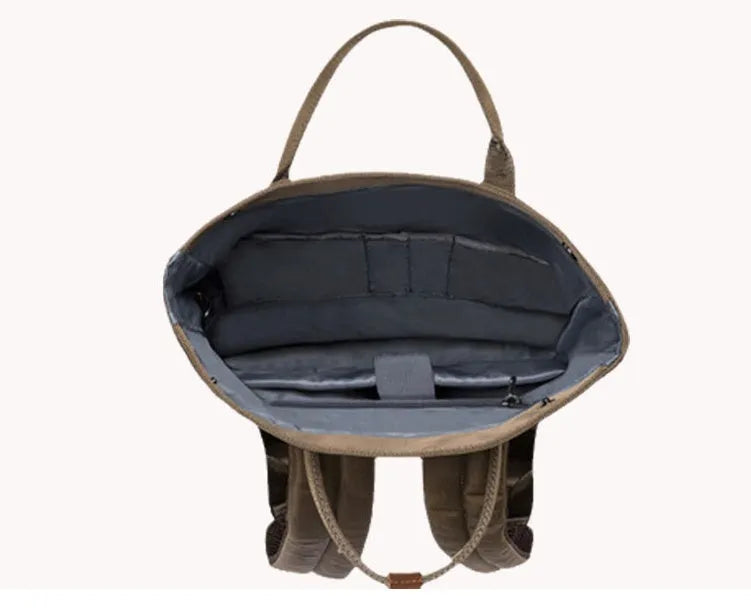 Casual polyester backpack with cover opening showing internal laptop compartment and zipper pocket