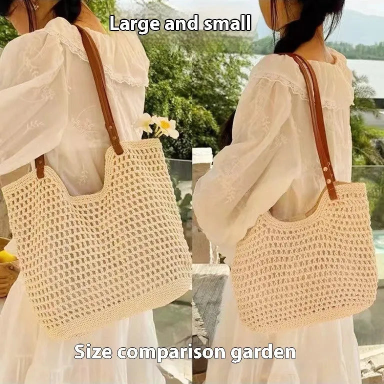 Beige woven cotton linen shoulder bag shown in two sizes with magnetic snap and zipper closure options.
