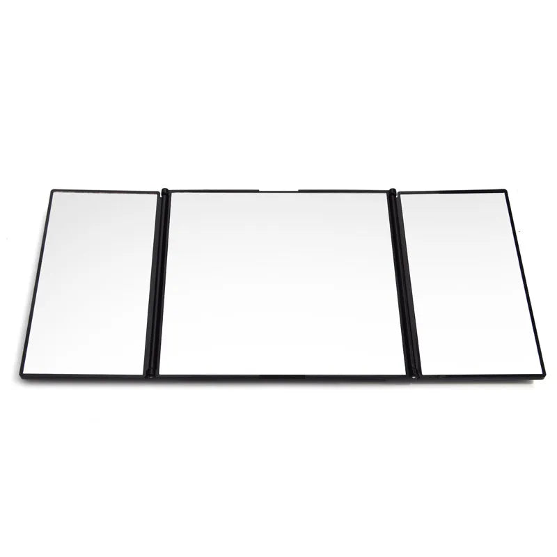 Silver car folding makeup mirror shown open and closed with dimensions