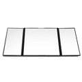 Silver car folding makeup mirror shown open and closed with dimensions