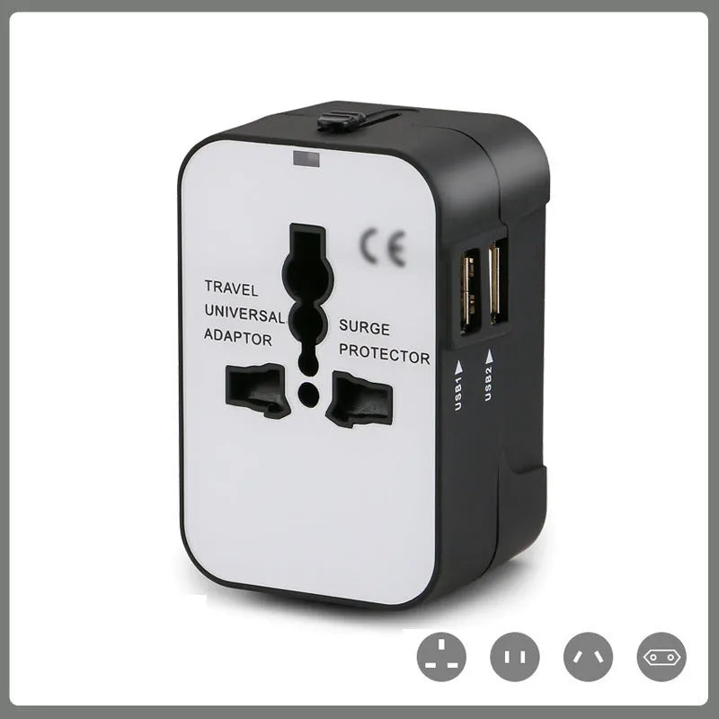 Black universal travel adapter plug with USB port and child safety door for international power conversion