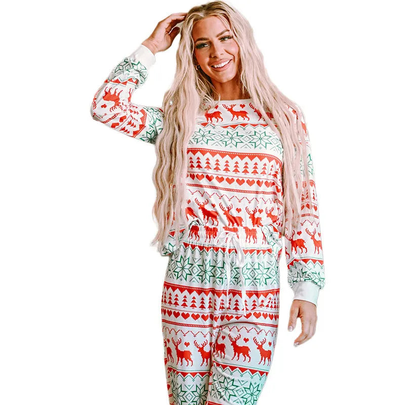 White Christmas fashion suit set with printed polyester top and trousers, casual long sleeve style