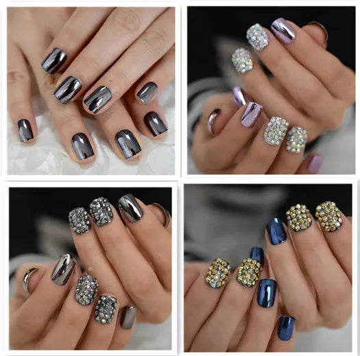 Set of metal false nails for women, square shape, medium short length, metallic finish