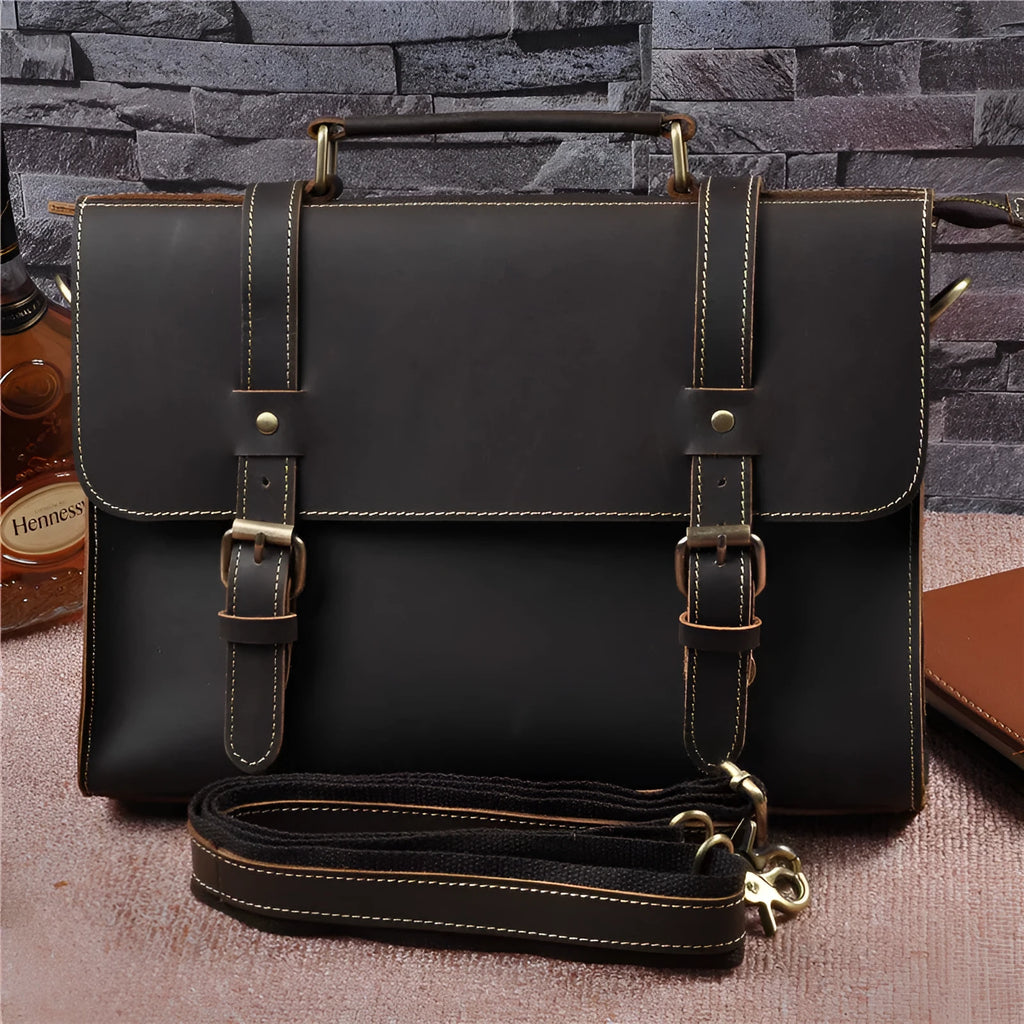 Men's dark brown cowhide leather handbag, 13 inch, with lock closure and plain retro design.