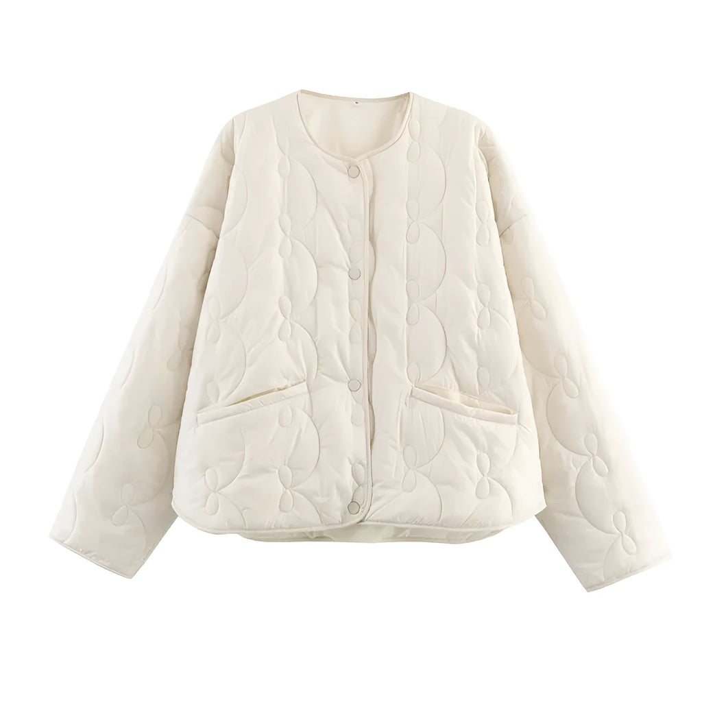 Women's black polyester quilted coat with fixed bow detail, straight fit, 50cm length, size XS-L