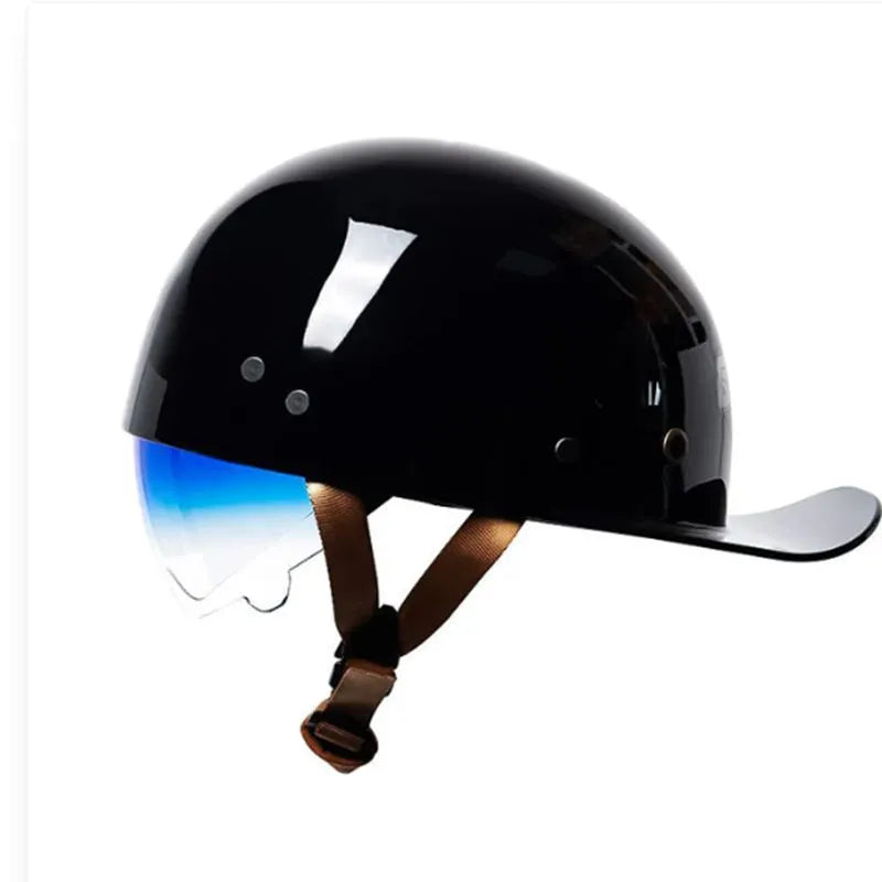 Men's bright black retro half bicycle helmet with integrated gradient blue visor, shown from the side.