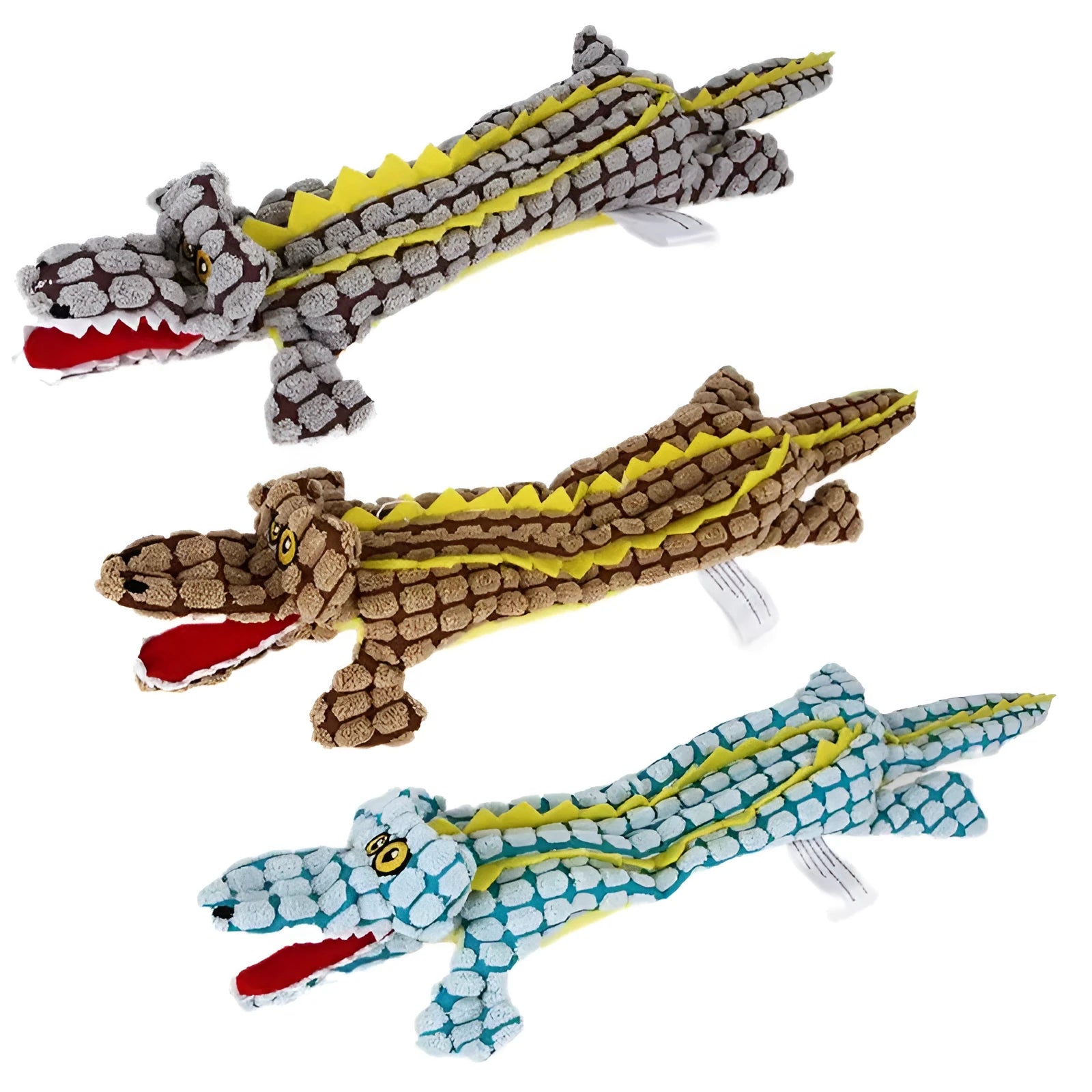 Blue plush crocodile dog toy with corduroy fabric texture and squeaker for interactive play